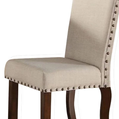 Set Of 2 Rubber Wood Dining Chair With Nailhead Trim Brown/Cream - Benzara 4 Set Of 2 Rubber Wood Dining Chair With Nailhead Trim Brown/Cream - Benzara - Image 2