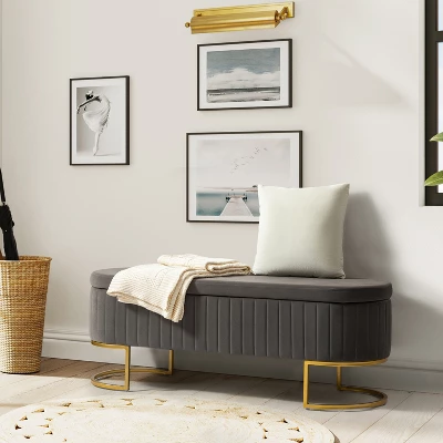 Nuria 50" Wide Modern Upholstered Flip Top Storage Bench With Golden Metal C-shaped Sled Legs For Living Room | ARTFUL LIVING DESIGN 4 Nuria 50" Wide Modern Upholstered Flip Top Storage Bench With Golden Metal C-shaped Sled Legs For Living Room | ARTFUL LIVING DESIGN - Image 2