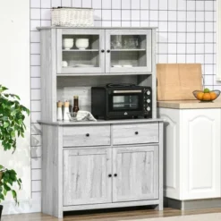 HOMCOM 63.5" Kitchen Buffet With Hutch, Pantry Storage Cabinet With 4 Shelves, Drawers, Framed Glass Doors, Open Microwave Countertop, Ash Gray -Furniture Store GUEST 06364ce4 d581 4a39 b883 fd9e916d9e14