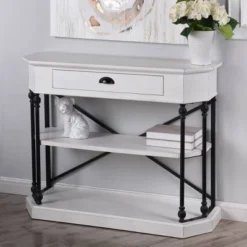Clipped Corner Console Table With 2 Shelves And Center Drawer White - Stylecraft -Furniture Store GUEST 0752311a 9d85 4692 b714 2b392d934235