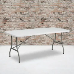 Emma And Oliver 6-Foot Bi-Fold Granite White Plastic Folding Table With Carrying Handle