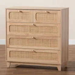 Elsbeth Wood And Natural Rattan 5 Drawer Storage Cabinet Oak Brown/Natural Brown - Baxton Studio -Furniture Store GUEST 08847334 7a73 4059 a0ab eeafca9d7166