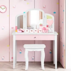 Costway Kids Vanity Set Princess Makeup Dressing Play Table Set W/Mirror White Pink -Furniture Store GUEST 119a6637 0d33 4ff4 a83c ec7fb68a3db5