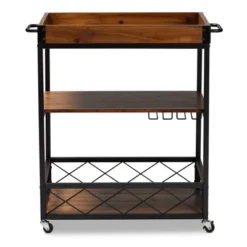 Capri Oak And Finished Mobile Metal Bar Cart With Stemware Rack Brown - Baxton Studio -Furniture Store GUEST 12317b72 d390 4f25 9ef5 03a978eab8f2