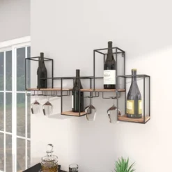 Metal Geometric 7 Bottle Wall Wine Rack With 5 Glass Holder Slots Black - Olivia & May -Furniture Store GUEST 15765207 9caf 4d51 a272 0b095818e2c7