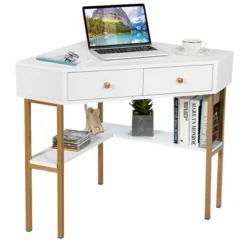 Costway Corner Computer Desk Writing Workstation Study Desk W/ 2 Drawers WhiteBlackGold -Furniture Store GUEST 1630d8f9 51d0 4f1a b1b5 8f84990f5918
