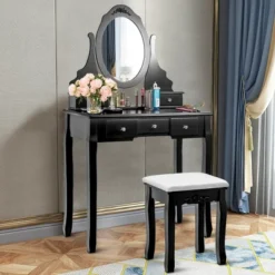 Costway Vanity Jewelry Wooden Makeup Dressing Table Set W/Stool Mirror & 5 Drawers Black -Furniture Store GUEST 192fb5d7 be5a 4094 a627 5147d4589e74