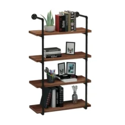 HOMCOM 4-Tier Industrial Pipe Shelves Floating Wall Mounted Bookshelf, Metal Frame Display Rack, 1.25" Thickness Shelving Unit Kitchen, Bar, Brown -Furniture Store GUEST 1b483c61 f7a8 48a8 8e13 9781f3c08ef7