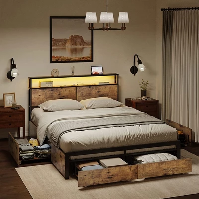 HAUSOURCE Queen Size Platform Bed Frame With Headboard, 4 Storage Drawers, Color Changing Lights, 2 Charging Outlets And 2 USB Ports, Rustic Brown 6 HAUSOURCE Queen Size Platform Bed Frame With Headboard, 4 Storage Drawers, Color Changing Lights, 2 Charging Outlets And 2 USB Ports, Rustic Brown - Image 4