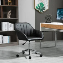 Vinsetto MidBack Home Office Chair Adjustable Height Computer Desk Chair With Padded Back And Armrests PU Leather Adjustable Height And 360 Swivel Wheels For Sturdy Bedroom