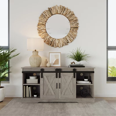 Lavish Home 65-inch TV Stand With Media Console Shelves, Cable Management, And Sliding X-Style Barn Doors, Gray Woodgrain 7 Lavish Home 65-inch TV Stand With Media Console Shelves, Cable Management, And Sliding X-Style Barn Doors, Gray Woodgrain - Image 5