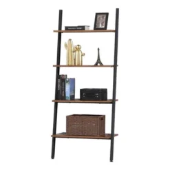 59.1" Rustic Ladder Style Iron Bookcase With Four Wooden Shelves Brown - Benzara -Furniture Store GUEST 28203821 9c46 4030 8a5b 023786710fe4