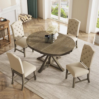 5 PCS Extendable Wood Dining Table Set With Round Table And 4 Upholstered Chairs-ModernLuxe 3 5 PCS Extendable Wood Dining Table Set With Round Table And 4 Upholstered Chairs-ModernLuxe