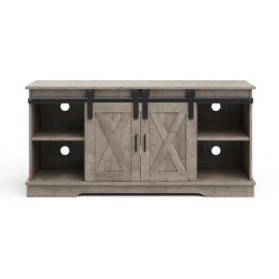 Lavish Home 65-inch TV Stand With Media Console Shelves, Cable Management, And Sliding X-Style Barn Doors, Gray Woodgrain 9 Lavish Home 65-inch TV Stand With Media Console Shelves, Cable Management, And Sliding X-Style Barn Doors, Gray Woodgrain - Image 7