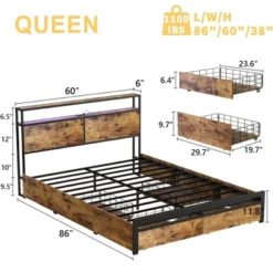 HAUSOURCE Queen Size Platform Bed Frame With Headboard, 4 Storage Drawers, Color Changing Lights, 2 Charging Outlets And 2 USB Ports, Rustic Brown