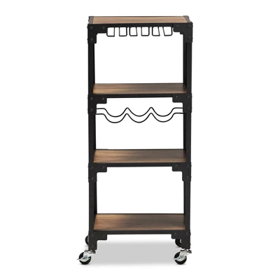 4 Tier Victor Wood And Metal Mobile Wine Cart Walnut/Black - Baxton Studio 3 4 Tier Victor Wood And Metal Mobile Wine Cart Walnut/Black - Baxton Studio