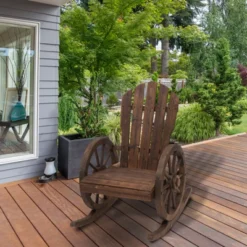 Outsunny Adirondack Rocking Chair With Slatted Design And Oversize Back For Porch, Poolside, Or Garden Lounging