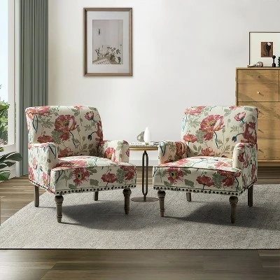Set Of 2 Reggio Traditional Wooden Upholstered Armchair With Floral Patterns And Nailhead Trim | ARTFUL LIVING DESIGN 3 Set Of 2 Reggio Traditional Wooden Upholstered Armchair With Floral Patterns And Nailhead Trim | ARTFUL LIVING DESIGN