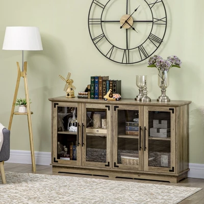 HOMCOM Farmhouse Sideboard, Buffet Cabinet, Coffee Bar Cabinet With 4 Glass Doors, Credenza, Distressed Grey 2 HOMCOM Farmhouse Sideboard, Buffet Cabinet, Coffee Bar Cabinet With 4 Glass Doors, Credenza, Distressed Grey