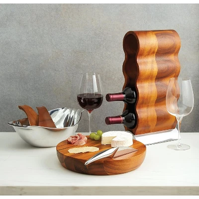 Nambe Handcrafted Acacia Wood Curvo Winery Rack With Alloy Metal Base Modern Design, Holds 4 Bottles, Brown Silver 5 Nambe Handcrafted Acacia Wood Curvo Winery Rack With Alloy Metal Base Modern Design, Holds 4 Bottles, Brown Silver - Image 3