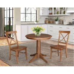 30" Corla Round Top Pedestal Table With 2 X Back Chairs Dining Sets Distressed Oak - International Concepts