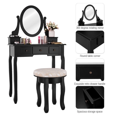 Costway Vanity Table Makeup Table Cushioned Mirror 5 Drawers Black 4 Costway Vanity Table Makeup Table Cushioned Mirror 5 Drawers Black - Image 2