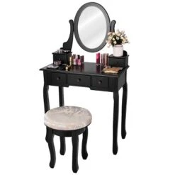 Costway Vanity Table Makeup Table Cushioned Mirror 5 Drawers Black 16 Costway Vanity Table Makeup Table Cushioned Mirror 5 Drawers Black -Furniture Store GUEST 64473ebf dd11 4bd2 bdda bb60eab9bd72