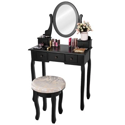 Costway Vanity Table Makeup Table Cushioned Mirror 5 Drawers Black 9 Costway Vanity Table Makeup Table Cushioned Mirror 5 Drawers Black - Image 7