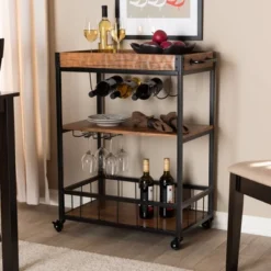 Cerne Oak And Finished Mobile Metal Bar Cart With Wine Bottle Rack Brown - Baxton Studio -Furniture Store GUEST 66be3651 75e3 461f a20d dda05114160b