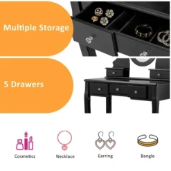 Costway Vanity Jewelry Wooden Makeup Dressing Table Set W/Stool Mirror & 5 Drawers Black -Furniture Store GUEST 678054c6 6538 4476 89c6 9e8789c30062