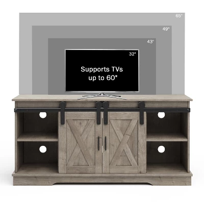 Lavish Home 65-inch TV Stand With Media Console Shelves, Cable Management, And Sliding X-Style Barn Doors, Gray Woodgrain 5 Lavish Home 65-inch TV Stand With Media Console Shelves, Cable Management, And Sliding X-Style Barn Doors, Gray Woodgrain - Image 3