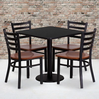 Flash Furniture 30'' Square Black Laminate Table Set With 4 Ladder Back Metal Chairs - Cherry Wood Seat 3 Flash Furniture 30'' Square Black Laminate Table Set With 4 Ladder Back Metal Chairs - Cherry Wood Seat