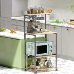 Bestier 4 Tier Shelves Portable Utility Kitchen Storage Baker's Rack Organizer Cart Stand With Adjustable Wheels And Side Hooks, 49 Inch, Oak -Furniture Store GUEST 813e332a dd06 41fd 85ac 9c39ccb6bbe5