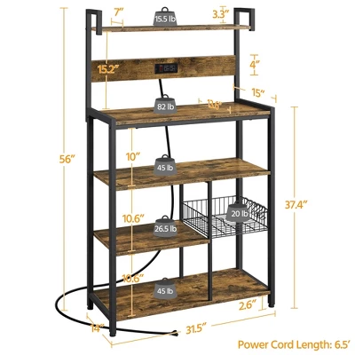 Yaheetech 5-Tier 56" H Baker’s Rack With Wire Basket & Power Outlets, Rustic Brown 4 Yaheetech 5-Tier 56" H Baker’s Rack With Wire Basket & Power Outlets, Rustic Brown - Image 2