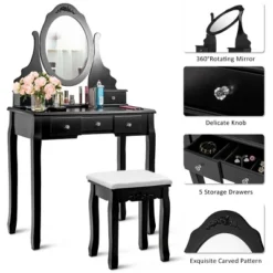 Costway Vanity Jewelry Wooden Makeup Dressing Table Set W/Stool Mirror & 5 Drawers Black -Furniture Store GUEST 861f2994 2d03 49e1 8873 9b49630ba6b1