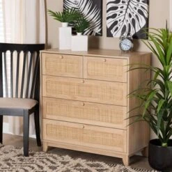 Elsbeth Wood And Natural Rattan 5 Drawer Storage Cabinet Oak Brown/Natural Brown - Baxton Studio -Furniture Store GUEST 89e3d15b 52c1 458c 9a6f ad0814eca487