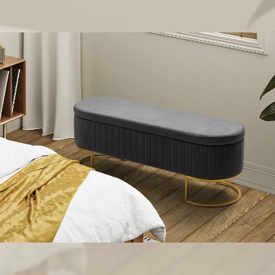 Nuria 50" Wide Modern Upholstered Flip Top Storage Bench With Golden Metal C-shaped Sled Legs For Living Room | ARTFUL LIVING DESIGN 10 Nuria 50" Wide Modern Upholstered Flip Top Storage Bench With Golden Metal C-shaped Sled Legs For Living Room | ARTFUL LIVING DESIGN - Image 8