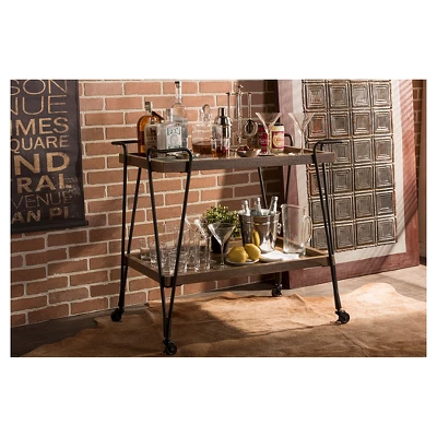 Jessica Rustic Industrial Style Textured Finish Metal Distressed Ash Wood Mobile Serving Bar Cart - Black & Brown - Baxton Studio 5 Jessica Rustic Industrial Style Textured Finish Metal Distressed Ash Wood Mobile Serving Bar Cart - Black & Brown - Baxton Studio - Image 3