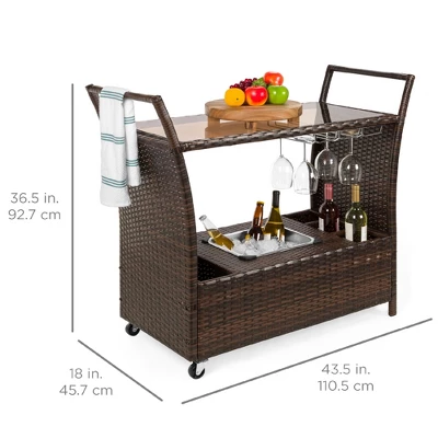 Best Choice Products Wicker Outdoor Rolling Bar Cart W/ Ice Bucket, Glass Countertop, Glass Holders, Storage - Brown 8 Best Choice Products Wicker Outdoor Rolling Bar Cart W/ Ice Bucket, Glass Countertop, Glass Holders, Storage - Brown - Image 6
