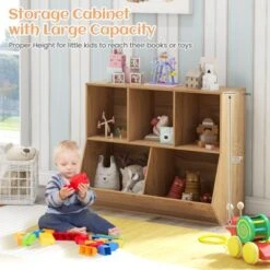 Costway 5-Cubby Kids Toy Storage Organizer Wooden Bookshelf Display Cabinet Natural/White -Furniture Store GUEST a772da57 0ca4 4205 ad9e d4b121480f38