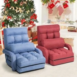 Costway Folding Floor Armchair W/6-position Adjustable Back & Lumbar Pillow Blue