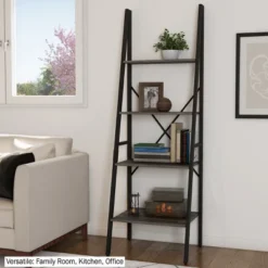 Lavish Home 4-Tier Ladder Bookshelf – Freestanding Industrial Style Wooden Shelving, Gray/Black -Furniture Store GUEST af73fbd8 b68f 41c4 b762 7162198c4eaa