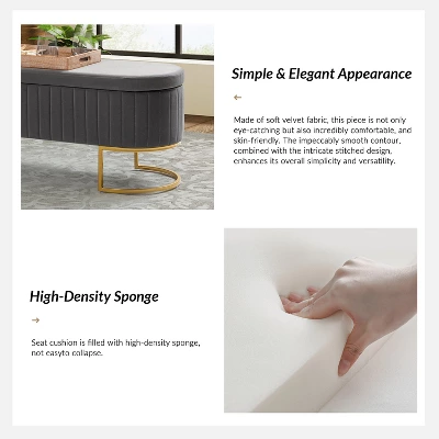 Nuria 50" Wide Modern Upholstered Flip Top Storage Bench With Golden Metal C-shaped Sled Legs For Living Room | ARTFUL LIVING DESIGN 7 Nuria 50" Wide Modern Upholstered Flip Top Storage Bench With Golden Metal C-shaped Sled Legs For Living Room | ARTFUL LIVING DESIGN - Image 5