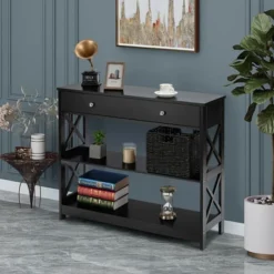 Costway Console Table Drawer Shelves Sofa Accent Table Entryway Hallway Black/White -Furniture Store GUEST b21f1bd6 822d 4990 9374 6ae320886a72