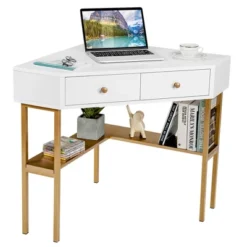 Costway Corner Computer Desk Writing Workstation Study Desk W/ 2 Drawers WhiteBlackGold -Furniture Store GUEST b619d09f 74c2 4218 9588 52d0a13a5e5b