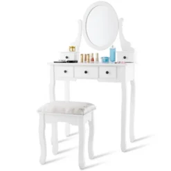 Costway Makeup Desk Vanity Dressing Table Oval Stool 5 Storage Drawers -Furniture Store GUEST b9a75f6c ce74 4b86 b98e 83fee219151b
