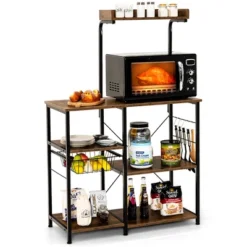 Costway 4-Tier Vintage Kitchen Baker's Rack Utility Microwave Stand W/ Basket & 5 Hooks -Furniture Store GUEST bc717fd5 fe56 40e6 a3fd a227876a02f6