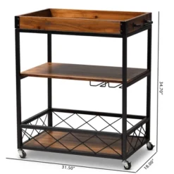 Capri Oak And Finished Mobile Metal Bar Cart With Stemware Rack Brown - Baxton Studio -Furniture Store GUEST be968129 c029 4a87 b0a3 ee585842599c