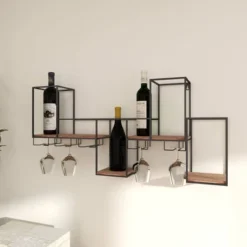 Metal Geometric 7 Bottle Wall Wine Rack With 5 Glass Holder Slots Black - Olivia & May -Furniture Store GUEST bf0a69be f16e 4ff0 839d 429bb774de09