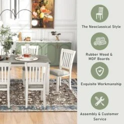 7-Piece Wooden Dining Table Set With 1 Dining Table And 6 Upholstered Chairs With Shaped Legs, Gray+White - ModernLuxe -Furniture Store GUEST c3d15ead 92ad 4179 916c fc6b56408059